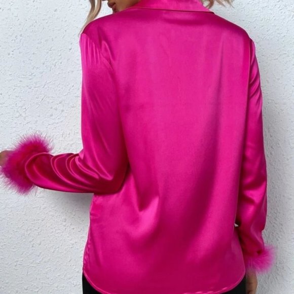 Feather Fuzzy Cuffed Button Down Satin Blouse Top pink - Picture 5 of 6